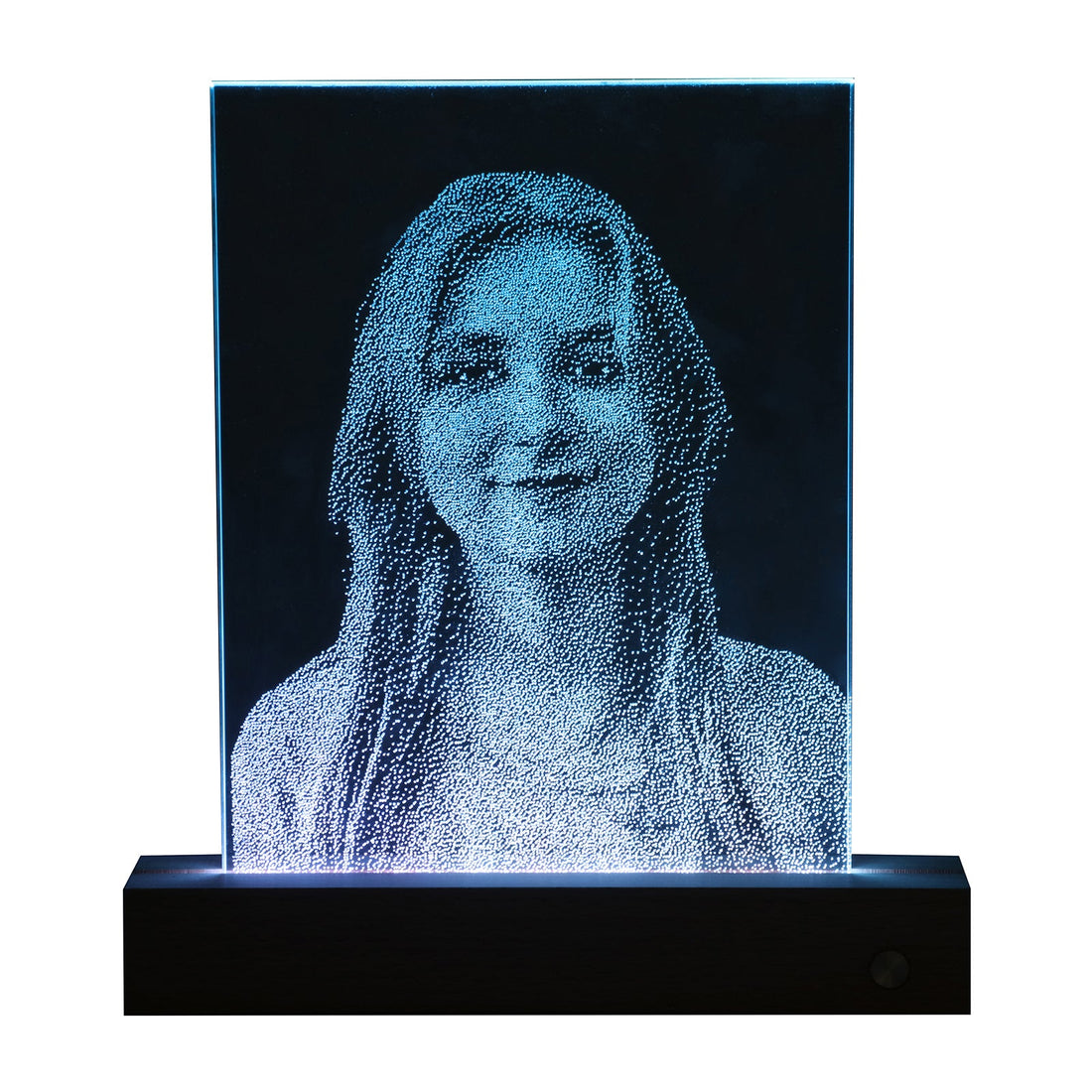 Custom hand hammer-engraved glass portrait illuminated in LED lightbox frame