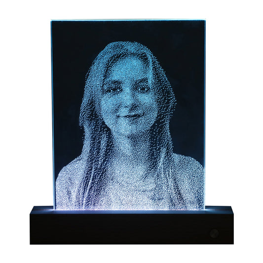Custom hand hammer-engraved glass portrait illuminated in LED lightbox frame