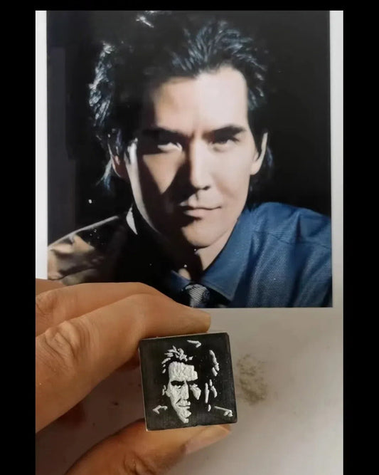 Custom hand-carved portrait rubber stamp with wooden handle