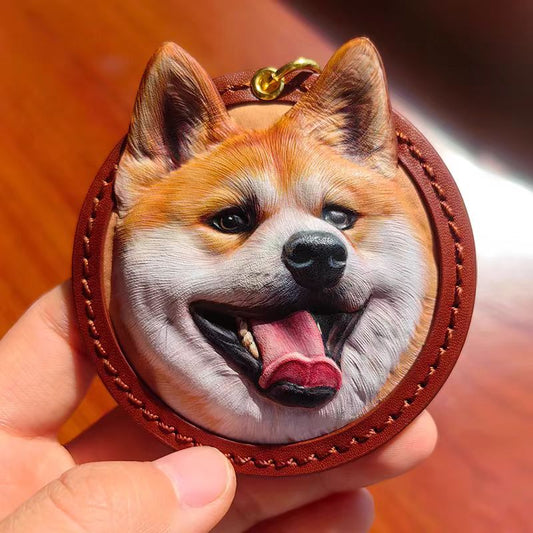 Hand-carved custom leather pet portrait keychain