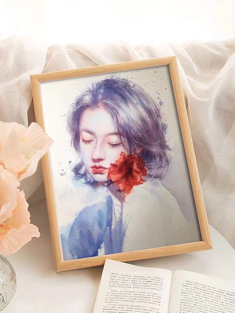 Delicate framed custom watercolor portrait hand-painted on archival paper